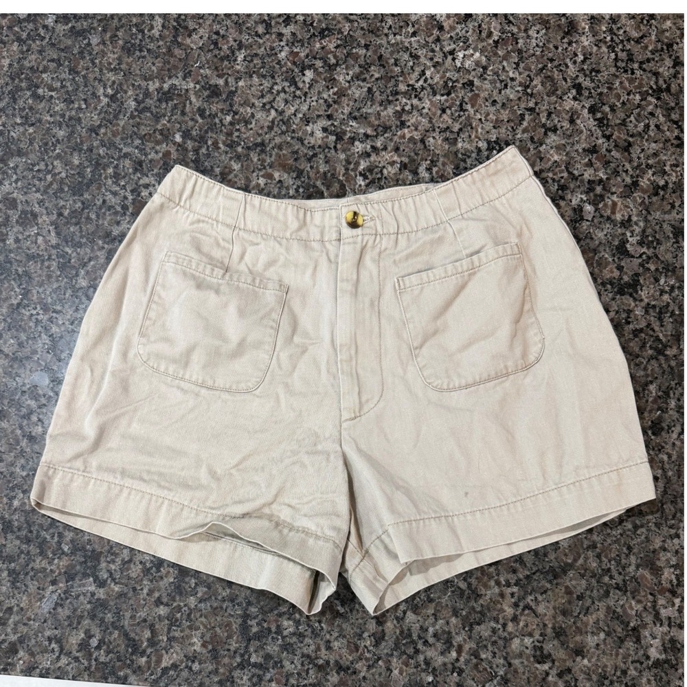 Basic Editions Khaki Cotton High Waisted Shorts Tan Size 6 Elastic Back Pockets